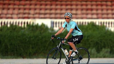 Linda Jarnhamn trains at Nad Al Sheba Cycle Park in Dubai for the upcoming Halvvattern race in Sweden. Satish Kumar / The National