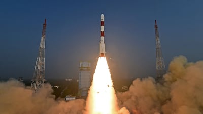 This handout photo taken and released by the Indian Space Research Organisation (ISRO) on January 1, 2024 shows the lifting-off the PSLV-C58 rocket carrying the X-ray Polarimeter Satellite (XPoSat) from the Satish Dhawan Space Centre in Sriharikota. (ISOR/AFP)