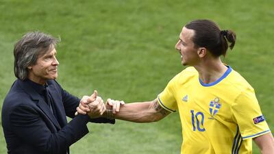 Zlatan Ibrahimovic, right, has played two games for Sweden at Euro 2016 so far, scoring no goals. Pascal Pavani / AFP