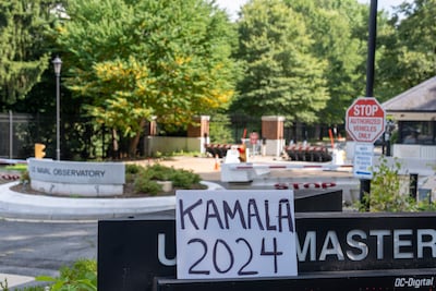 Outside Kamala Harris's home, the US Naval Observatory, in Washington on Sunday. AP
