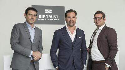 From left: David Regueiro, Mimoun Assraoui and Mujahed Abulsalameh advise clients on suitable investments, which can range from fish farms to Antigua’s nascent film industry. Antonie Robertson / The National