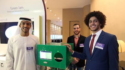 From left, Abdul Rahman Bin Haider, Jamil Helou and Mohamed Hassan, the winners of the Imagine Cup UAE 2017. Satish Kumar / The National
