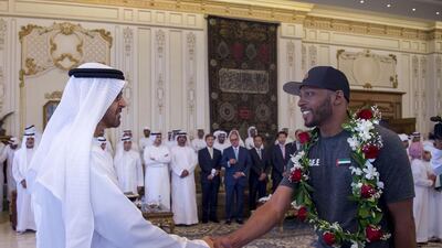 Sheikh Mohammed bin Zayed, Crown Prince of Abu Dhabi and Deputy Supreme Commander of the Armed Forces, at a Sea Palace barza with members of the Armed Forces team that conquered Mount Everest recently. Rashed Al Mansoori / Crown Prince Court - Abu Dhabi