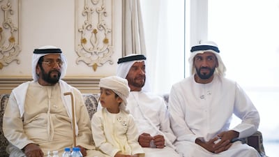 from left: Sheikh Tahnoon bin Mohamed Al Nahyan, Ruler's Representative in Al Ain Region; Sheikh Suroor bin Mohamed bin Suroor Al Nahyan; Sheikh Suroor bin Mohamed Al Nahyan; and Sheikh Nahyan Bin Zayed Al Nahyan, Chairman of the Board of Trustees of Zayed bin Sultan Al Nahyan Charitable and Humanitarian Foundation, attend a Sea Palace Barza.
