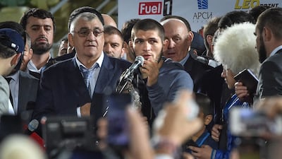 Khabib Nurmagomedov speaks to the crowds in Makhachkala. AFP