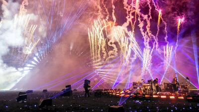 Coldplay performs in front of the main Pyramid Stage as part of the Glastonbury Festival global livestream 'Live at Worthy Farm' at Worthy Farm, Pilton in Glastonbury, England. Getty Images