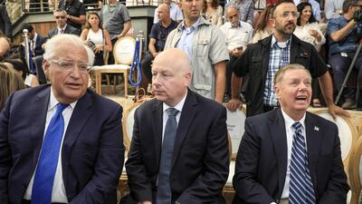 From left, US Ambassador to Israel David Friedman, White House Middle East envoy Jason Greenblatt and US Senator Lindsey Graham attend the the inauguration of an archaeological site in the Palestinian neighbourhood of Silwan in east Jerusalem on June 30, 2019. AFP