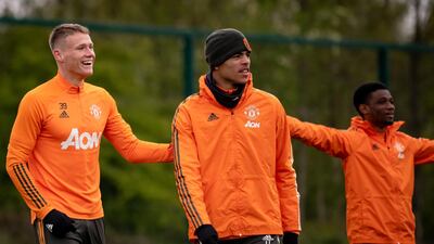 Scott McTominay, Mason Greenwood and Amad during the Manchester United training session. Getty