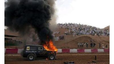 This truck named "Dangerous" from the Tariq Performance Garage in Dubai burst into flames on the starting line during the Awafi UAE Sand Drag Champions 2010 races in Ras al Khaimah, December 24, 2010. The driver Rashid Mohammad Saeed was not injured. Officials said the fire started when an electrical short ignited the fuel.