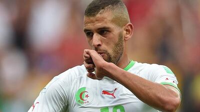 Algeria's Islam Slimani celebrates a goal at the 2014 World Cup in Brazil. Jung Yeon-je / AFP / June 22, 2014