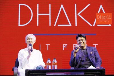 Tilda Swinton on stage at the Dhaka Lit Fest with festival director Ahsan Akbar
