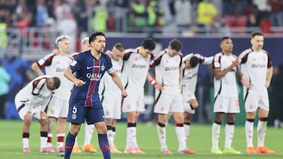 PSG captain Marquinhos celebrates after teammate Matvey Safonov made a save - one of four - in the shoot-out against Flamengo as the French club won 2-1 on penalties. AP