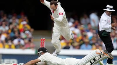 New Zealand's Daniel Vettori is run out during their first Test match at the Gabba against Australia.