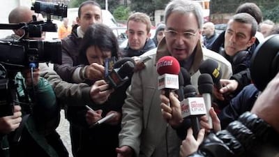 Maurizio Beretta, the Serie A president, arrives for talks with the Italian Players’ Association and officials on Tuesday. Strike action was called off as a result of the talks.