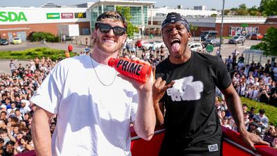 Logan Paul, left, and KSI at an event to promote a Prime drink product in London last year. AP