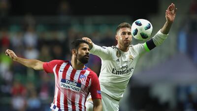 Ramos battles for the ball with Diego Costa of Atletico. Getty