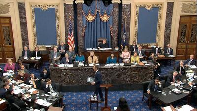 Congressman Adam Schiff leaves the podium after wrapping the Democrats' case in the impeachment trial against President Donald Trump in the Senate on January 24, 2020. Senate Television via AP