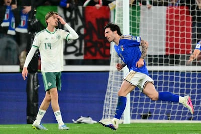 Italy's Sandro Tonali celebrates scoring his team's first goal during the World Cup qualification semi-final against North Ireland. AFP