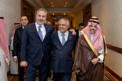 Turkey's Foreign Minister Hakan Fidan, Pakistan's Deputy Prime Minister and Foreign Minister Mohammad Ishaq Dar and Saudi Arabia's Foreign Minister Prince Faisal bin Farhan Al Saud leave after a committee meeting of Mecca defence pact in Riyadh, Saudi Arabia. Reuters