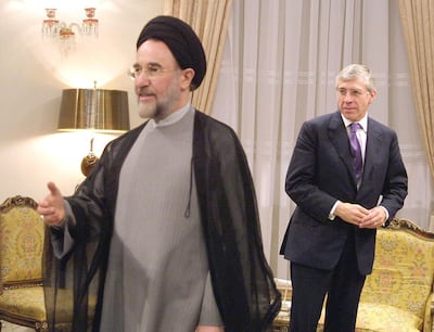 Then Iranian president Mohammad Khatami with then British foreign secretary Jack Straw in 2001. Iran largely supported the overthrow of the Taliban regime that year. AFP