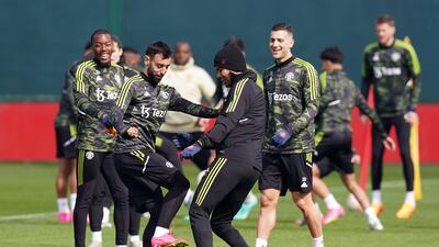 Bruno Fernandes and Casemiro during a training session in Manchester. PA