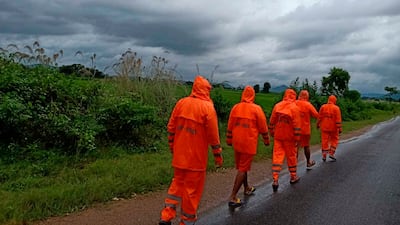 India's National Disaster Response Force personnel arrive in preparation for Cyclone Gulab, that likely to make landfall on Sunday evening. Photo: AP