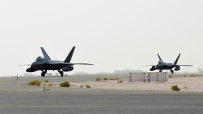U.S. Air Force F-22 Raptors arrive at Al Udeid Air Base, Qatar, June 27, 2019. These aircraft are deployed to Qatar for the first time in order to defend American forces and interests in the U.S. Central Command area of responsibility. (U.S. Air Force photo by Tech. Sgt. Nichelle Anderson)