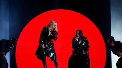 Christina Aguilera with Demi Lovato perform 'Fall In Line'. Reuters