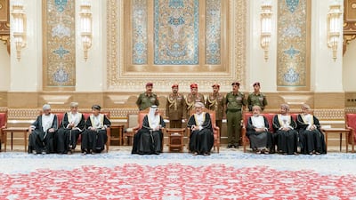 HH Sheikh Hamad bin Mohamed Al Sharqi, UAE Supreme Council Member and Ruler of Fujairah (4th L), offers condolences to HM Sayyid Haitham Bin Tariq Al Said, Sultan of Oman/ Ministry of Presidential Affairs. WAM ---