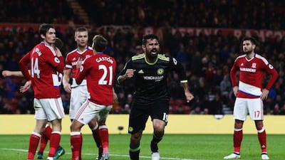 Diego Costa scored the only goal of the game to ensure victory for Chelsea at Middlesbrough and send his team to the top of the Premier League table. Jan Kruger / Getty Images)