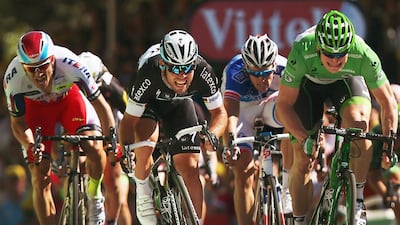 Mark Cavendish, centre, of Etixx-Quick Step and Andre Greipel, right, of Lotto-Soudal sprint for the finish line during Stage 7 of the 2015 Tour de France on July 10, 2015 in Fougeres, France. (Photo by Bryn Lennon/Getty Images)