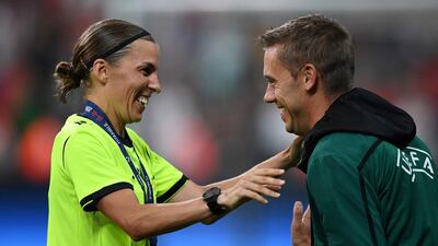Stephanie Frappart is congratulated after the UEFA Super Cup. AFP