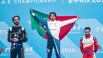 The winners podium of Da Costa, centre, Jean-Eric Vergne left, and Jerome D'Ambrosio.