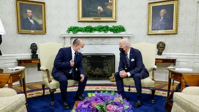 US President Joe Biden and Israel's Prime Minister Naftali Bennett at a meeting in the White House in Washington on August 27. Reuters