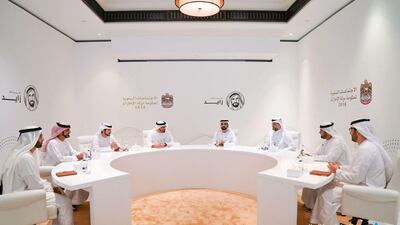 Sheikh Mohamed bin Zayed and Sheikh Mohammed bin Rashid meet at the leaders' forum on Saadiyat Island. Courtesy: Dubai Media Office