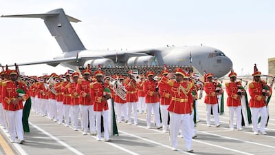 The UAE National Anthem is performed at a graduation ceremony for Air Cadet and Cadet Pilot officers at Khalifa bin Zayed Air College in Al Ain. Wam