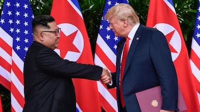North Korea leader Kim Jong Un and US President Donald Trump shake hands at the conclusion of their meetings at the Capella resort on Sentosa Island in Singapore. AP