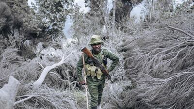 A ranger from the Virunga National Park climbs the slopes of Mount Nyiragongo volcano, north of Goma, the capital of North Kivu province in the Democratic Republic of the Congo. AFP