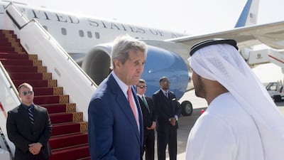 US Secretary of State John Kerry boards his plane after visiting Abu Dhabi. Saul Loeb / AFP Photo / June 9, 2016