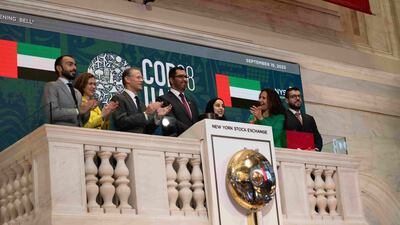 Dr Sultan Al Jaber opens trading on Wall Street for the day at the New York Stock Exchange in September. Cop28