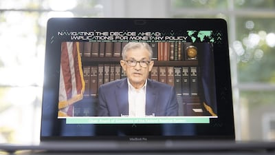 Jerome Powell, chairman of the US Federal Reserve, speaks virtually during the Jackson Hole economic symposium. Bloomberg