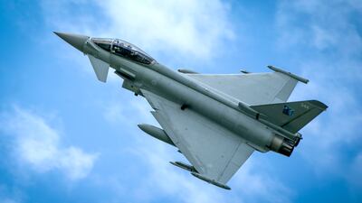 A Typhoon fighter jet in the skies above the Amari Airbase in Estonia. Here a squadron of RAF Typhoon jets are deployed on Operation Azotize the UK's commitment to NATO's Baltic Air policing mission. Picture date: Thursday July 27, 2023. PA Photo. This year's deployment began in March 2023. The RAF has conducted an annual NATO air policing mission since the NATO Warsaw Summit of 2014. See PA story DEFENCE Estonia. Photo credit should read: Jane Barlow/PA Wire