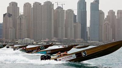 Participants during the Dubai Wooden Powerboat Race round 2 near the Dubai International Marine club in Dubai.