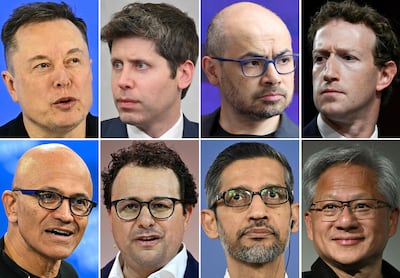 AI industry leaders. Top row, from left: Elon Musk, OpenAI's Sam Altman, DeepMind co-founder Demis Hassabis and Meta chief executive Mark Zuckerberg. Bottom row, from left: Microsoft chief executive Satya Nadella, Anthropic's Dario Amodei, Google chief executive Sundar Pichai and Nvidia's Jensen Huang. AFP