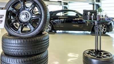 Rolls-Royce wheels on display in the service clinic. Courtesy Abu Dhabi Motors