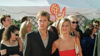 Jennifer Aniston, with Brad Pitt, wears Prada to the 2000 Primetime Emmy Awards. Getty Images