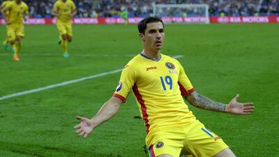 Bogdan Stancu of Romania celebrates after scoring the 1-1 goal during the Uefa Euro 2016 group A preliminary round match between France and Romania at Stade de France in Saint-Denis, France, 10 June 2016. Georgi Licovski / EPA