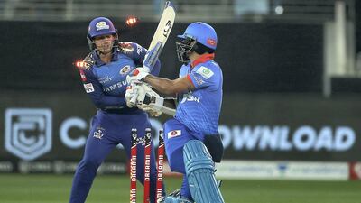 Shikhar Dhawan of Delhi Capitals is bowled by Jayant Yadav.