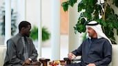 President Sheikh Mohamed meets Senegal's President Bassirou Diomaye Faye in Abu Dhabi. Abdulla Al Bedwawi / UAE Presidential Court