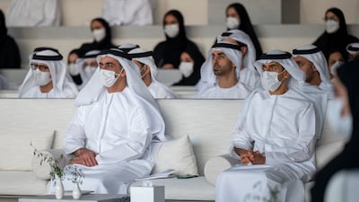 Sheikh Saif bin Zayed, Deputy Prime Minister and Minister of Interior, front left, with Sheikh Khaled bin Zayed, chairman of the board of Zayed Higher Organisation for Humanitarian Care and Special Needs, front right, at Majlis Mohamed bin Zayed.
